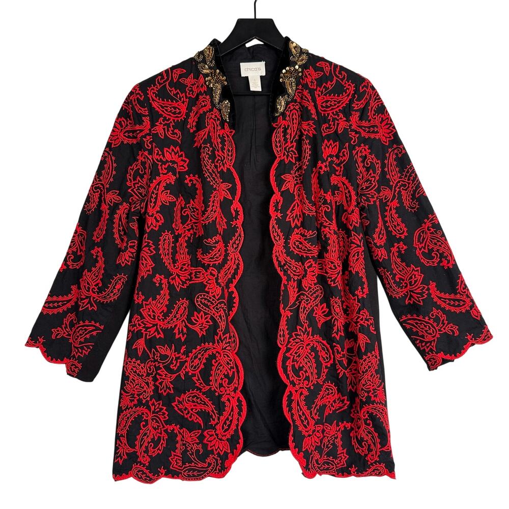 Chico's Embroidered Paisley Beaded Black Red Jacket - Size 1 (8-10 US)